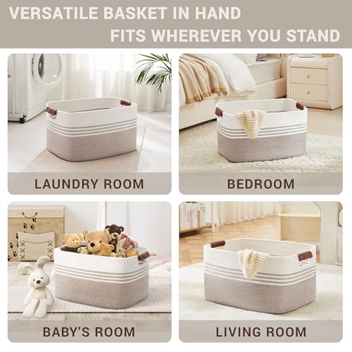 72L Large Laundry Basket with Leather Handles for Living Room Storage, Woven Rope Baskets Bin for Blanket, Kids Toy, Gifts, Wicker Hamper for Bedroom Dirty Clothes, 22"x17"x12" White Brown - color: Brown, size: 72L