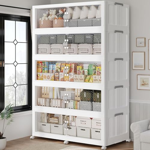 1200QT Extra Large Stackable Storage Bins with Lid, 300Gal Plastic Closet Organizers and Storage Drawer, Collapsible Cabinet Box with Wheels Clear Doors for Home Kitchen Office, 5Pack White - size: 240QT, style: 5Pack