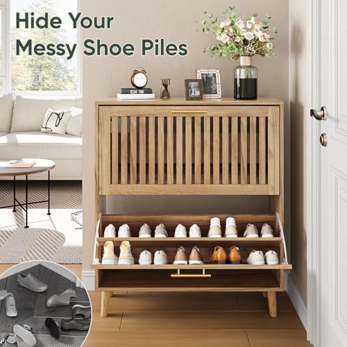 Smart FENDEE Shoe Storage Cabinet with 2 Flip Slatted Drawers, Narrow Freestanding Shoe Cabinet with Gold Handle, Hidden Entryway Shoe Organizer for Hallway, Foyer, Natural Oak - color: Natural Oak, size: 31.5" W