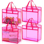 4 Pcs PVC Transparent Zippered Storage Bags Closet Organizers and Plastic Duffel Bags with Reinforced Handle for Bedding Clothing Comforters Pillows(Rose Red)