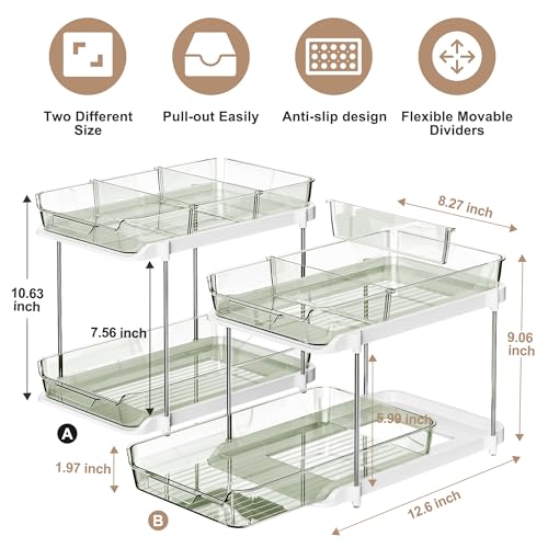 Delamu 2-Tier Multi-Purpose Bathroom Under Sink Organizers and Storage, Stackable Kitchen Pantry Organization, Pull Out Medicine Cabinet Organizer with Movable Dividers, Light Green, 2 Pack - color: Light Green, size: 2 Pack