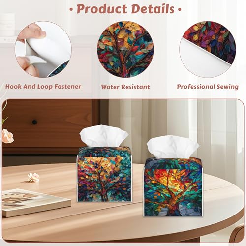 2 Pcs Tree of Life Tissue Box Cover Leather Tissue Box Holder Square Facial Paper Organizer Dispenser for Bedroom Dresser Night Stand Office Desk - color: Tree of Life