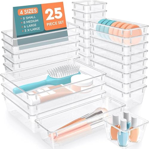 SpaceHacks 25 PCS Plastic Drawer Organizer Set, 4-Size Versatile Organizer Trays & Storage Bins for Makeup, Jewelry, and Gadgets in Bathroom, Bedroom and Office,Clear White - color: Clear
