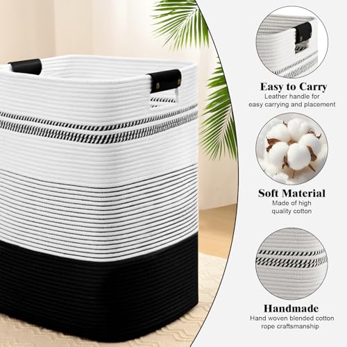 Laundry Hamper, 85L Tall Laundry Basket with Leather Handles, Rectangle Large Clothes Hamper for Organizing, Cotton Woven Laundry Baskets Storage Hampers for Bedroom, Nursery, Living Room - color: Black, size: 85L