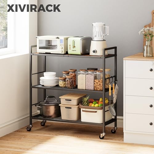 3-Tier Metal Storage Rack with Industrial Wheels,Mesh Shelving Unit with Wooden Table top,Adjustable Shelf,31.5-Inch Width, for Kitchen, Laundry,Pantry,Plant,Black - color: Brown Panel, size: 3 Tier (31.5"W x 11.8"D)