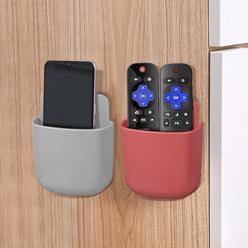 Remote Control Holder, Wall Mount Pen Holder Hole-Free Self Adhesive Phone Charging Organizer Pencil Storage Containers for Home Office School Supply Orgaizer(Red,Grey,2Pcs) - color: Red,Grey,2Pcs