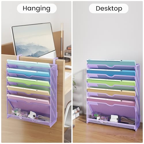 Hanging Wall File Organizer, 6-Tier Purple Desk Organizer with Metal Mesh, Foldable Document Organizer for Office Desk, Wall Mount Magazine Rack for Mail/Books/Tablet - color: Purple-1pack
