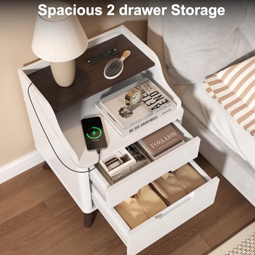 Night Stand with Charging Station, 21" Nightstand with Drawer/Open Shelves, Modern Nightstand w/2 Storage Drawers for Bedroom, Wood Bed Side Table End Table Bedside Table for Dorm, Home Office, White - color: White, size: 15.8"D x 17.7"W x 21.7"H (2 Drawe