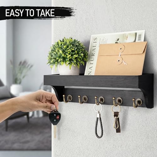 Rebee Vision Key Holder for Wall with Shelf : Decorative Key Organizer with 5 Rustic Keys Hooks and Primitive Wood Mail Organizer Wall Mount - Entryway Décor (Black) - color: Black
