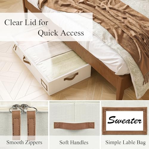 Under Bed Storage, Under Bed Storage Containers Bins for Clothes, Large Linen Underbed Closet Organization Bins, 2 Pack Collapsible Underbed Bin Dorm for Clothes, Sweater, Beige - color: Beige, size: 23.5"L x 12.5"W x 5"H