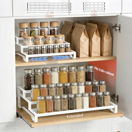 SANKEU Expandable Spice Rack Organizer for Cabinet 3 Tiered Metal Seasoning Organization with Guardrails Spice Shelf Storage for Jars Adjustable Length 13"-21" White 1Pack - color: White, size: 1 Pack