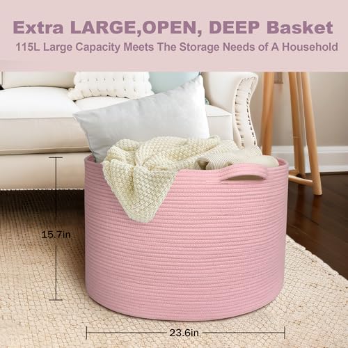 MEGASKET 115L Oversized Pink Basket, 23.6"x15.7" Woven Cotton Rope Bin with Handles, XXXL Blanket Storage for Living Room, Kids Toy Storage Bin Box, Baby Laundry Basket for Organizing, Pink Room Decor - color: Pink, size: 23.6"x23.6"x15.7"
