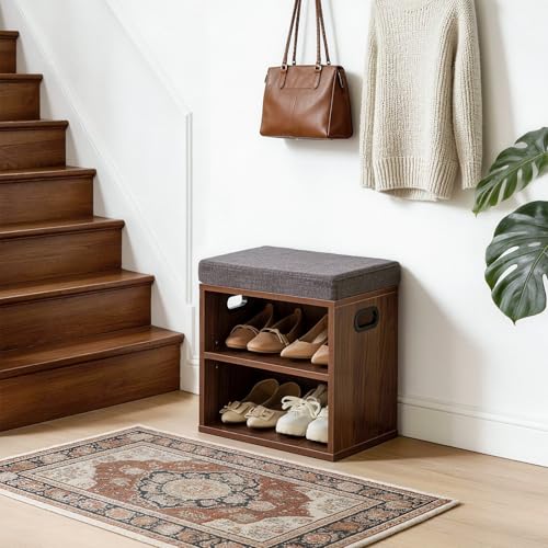 YMYNY Small Shoe Storage Bench with Cushion, 2 Tier Entryway Bench with Shoe Storage, Shoe Rack Bench for Entryway, Living Room, Hallway, Closet, Bedroom, 15.4L*11W*16.54H, Light Walnut HBD028LW - color: Light Walnut