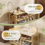 Amazer Bamboo Shoe Rack Bench, 3-Tier Shoe Bench Height Adjustable, Entry Bench with Side Storage Strap, Shoes Organizer Storage Bench, Shoe Shelf with Seat Cushion for Entryway, Living Room, Hallway