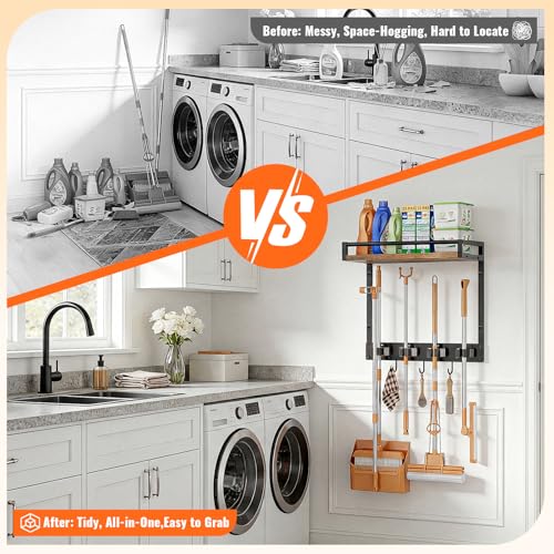 Broom Holder Wall Mount with Shelf Load 66LBS Broom and Mop Organizer Wall Hanging Broom Hanger with 4 Mop Hanger Grippers, 3 Hooks for Laundry Room, Garage, Utility Closet, Kitchen, 1 Pack - style: 1 Pack