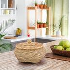 Hipiwe Round Rattan Basket Box with Lid Hand-Woven Wicker Basket Bin Tray Multi-Purpose Picnic Food Bread Storage Basket Decorative Box for Home Bathroom Shelf Organizing, Small - size: Small,7.9"D x 4.1"H