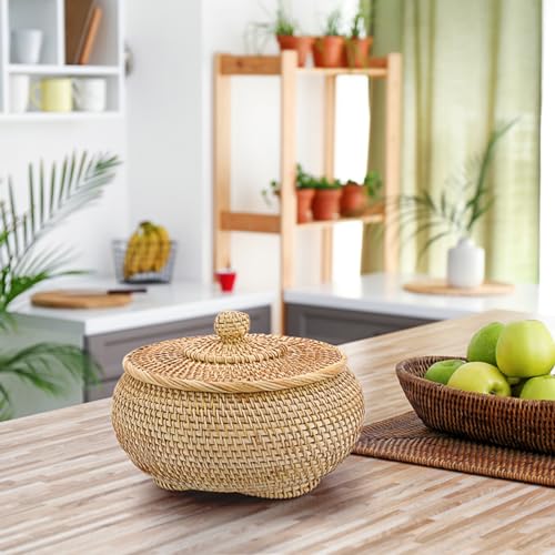 Hipiwe Round Rattan Basket Box with Lid Hand-Woven Wicker Basket Bin Tray Multi-Purpose Picnic Food Bread Storage Basket Decorative Box for Home Bathroom Shelf Organizing, Small - size: Small,7.9"D x 4.1"H