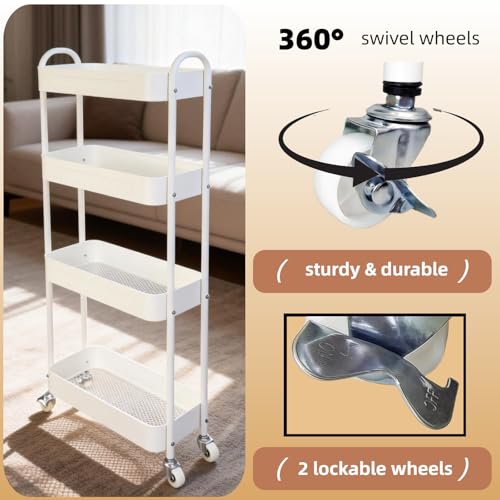 4 Tier Slim Kitchen Storage Cart for Narrow Space, 7.1'' Wide Metal Rolling cart with Wheels and Lockable Casters, Sturdy Mobile Thin Shelf for Laundry Room Between Washer and Dryer, White - color: White, size: 4 tier