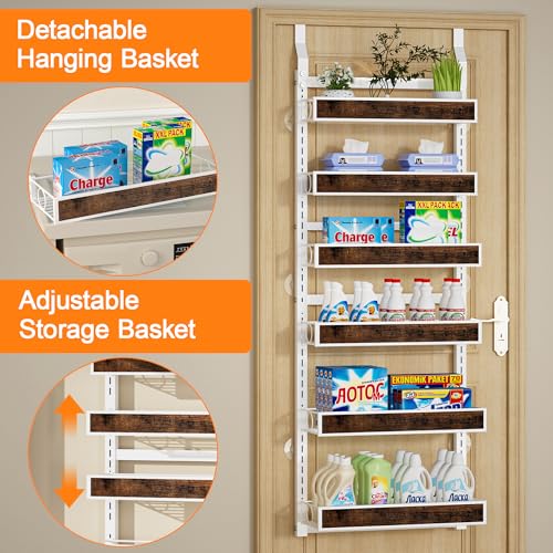 6 Tier Over The Door Pantry Orangizer 2 IN 1 Wall Mounted or Hanging Spice Rack with Adjustable Wood Basket,Heavy Duty Seasoning Storage Shelf for Kitchen Pantry and Bathroom - color: White-Wood, size: 6 Tiers