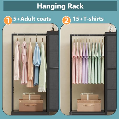 HIGDBFE Dresser with Hanging Rack, 4 Drawers Small Closet for Bedroom, Reversible Fabric Kids Chest of Drawers with Clothes Rack, Tall Storage Tower, Sturdy Frame, Grey, 44''H - color: Grey