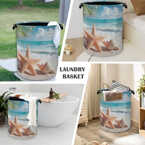 Starfish Shells Laundry Basket,Beach Oxford Cloth Laundry Hamper with Handle Foldable Portable Clothes Storage Basket for Bathroom Bedroom Dorm Room 16" x 20.8" - color: Starfish Shells Beach