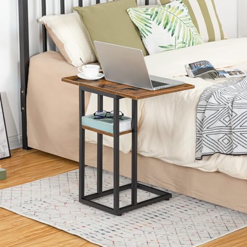HOOBRO Foldable End Table, C Shaped Side Table with Storage Shelf, Small Snack Table Suitable for Living Room Bedroom Small Spaces, Easy Assembly, Rustic Brown BF29SF01 - color: Rustic Brown + Black