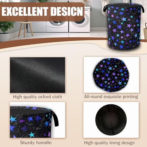 Neon Stars Laundry Basket,Rainbow Glittering Laundry Hamper Waterproof Oxford Cloth Tote Collapsible,Clothes Storage Bucket Decorative Toy Organizer For Bathroom Bedroom 16" x 20.8" - color: Neon Stars,Rainbow Glittering