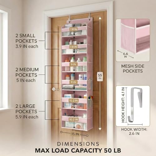 HOMELUX THEORY UPGRADED 6 Tiers Over The Door Organizer Hanging - 100D EXTRA THICK & 50lbs HUGE CAPACITY, 12 Side Mesh Pockets Over The Door Shoe Organizer, Hanging Closet Organizer (Baby Pink, 2pc) - color: 4. Baby Pink, size: Standard 2 sets