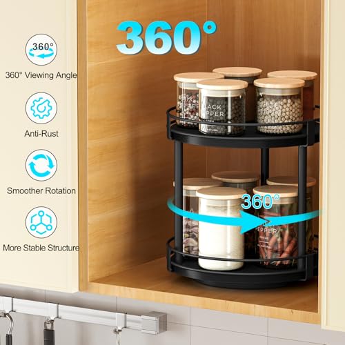 Snughome Lazy Susan Spice Rack, 2 Tier Rotating Spice Rack, Wood Lazy Susan Organizer for Cabinet, Black Kitchen Counter Shelf, 10.2" x 10.2" x 10.4" - color: Black, size: 10.2" x 10.2" x 10.4"