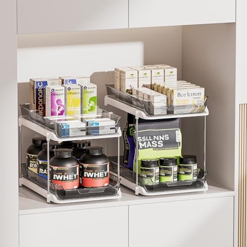 Delamu 2-Tier Multi-Purpose Bathroom Under Sink Organizers and Storage, Stackable Kitchen Pantry Organization, Pull Out Medicine Cabinet Organizer with Movable Dividers, Grey, 2 Pack - color: Grey, size: 2 Pack