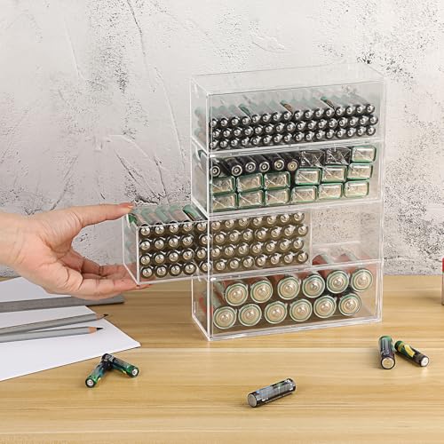BTSKY 1 Pack Clear Acrylic Battery Storage Organizer for AA, AAA, 9V, C Batteries, 4-Drawer Storage Box Battery Holder Organizer for Common Types Batteries, Household Container(Batteries Not Included) - size: 1 Pack