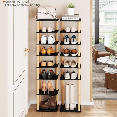 LUCKNOCK Vertical Shoe Rack, 8-Tier Tall Narrow Shoe Organizer for Entryway, Closet, Dorm & Small Spaces, Freestanding Wooden Shoe Shelf Tower for Boots, Sneakers, Heels. (Black) - color: Black