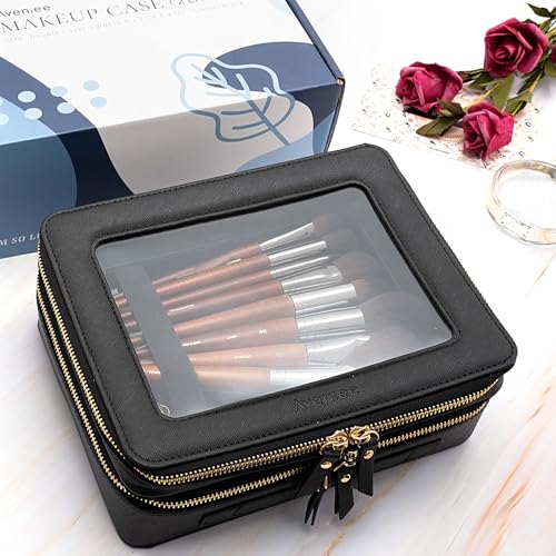 Aveniee Clear Makeup Bags,Double Layer Cosmetic Bags with Separate Brush Compartment,Large Travel Toiletry Bag Cosmetic Case,Travel Accessories Organizer for Women,2 Layers,Black - color: Black, style: Dual Layer