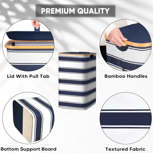 BALEINE Laundry Hamper with Lid, Tall Laundry Baskets with Bamboo Pull Handles, Large Laundry Bin with Internal Support (18 Gal/70L, Blue Stripe) - color: Blue Stripe, size: 70 liters