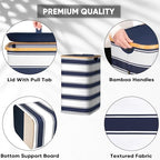 BALEINE Laundry Hamper with Lid, Tall Laundry Baskets with Bamboo Pull Handles, Large Laundry Bin with Internal Support (18 Gal/70L, Blue Stripe) - color: Blue Stripe, size: 70 liters