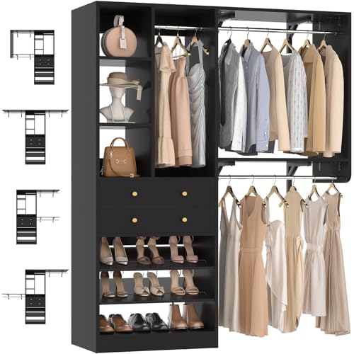 Besiost Closet System - 60"/92" Closet System with Drawers, 5FT/7.67FT Closet Organizer System with Reversible Hanging Shelving and Hanging Rods, for Small/Walk-in Closets, Black - color: Black, size: 5FT