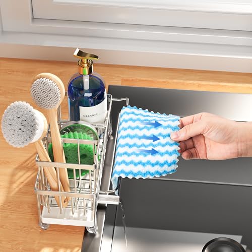 Cisily Sponge Holder for Kitchen Sink, Sink Caddy Organizer with High Brush Holder, Kitchen Countertop Organizers and Storage Essentials, Rustproof 304 Stainless Steel (Silver with Towel Rack, 9.25″) - color: Silver With Towel Rack