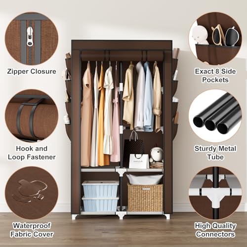 Portable Closet for Hanging Clothes, Portable Wardrobe Closet with Cover, 4 Storage Shelves, 2 Hanging Rods and 8 Side Pockets Easy Assembly and Sturdy Free Standing Closet for Bedroom Brown - color: Brown