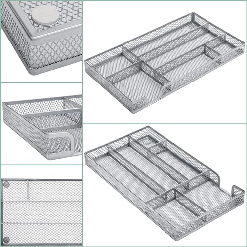 Annova Desk Drawer Organizer Tray for Office Organization - Metal Mesh - Storage Tray with Dividers for Pens, Desktop Accessories, Bathroom, Kitchen, Makeup and Office Supplies (Small, Silver) - color: Silver, size: Small