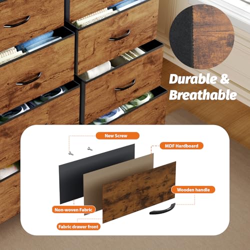 58.7" H Dresser for Bedroom with 12 Fabric Drawers & LED Lights, Anti-Tips Chest of Drawers with Open Shelves for Small Space, Living Room, Storage Organizer with Steel Frame, Wood Top, Rustic Brown