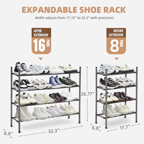 STORAGE MANIAC Expandable Shoe Rack, 16 Pairs Stackable Small Shoe Rack, Metal Adjustable Shoes Organizer for Closet, Entryway, Hallway, Garage, Front Door, Shoes Shelves, Black 4 Tier - color: Black, size: 4 Tier