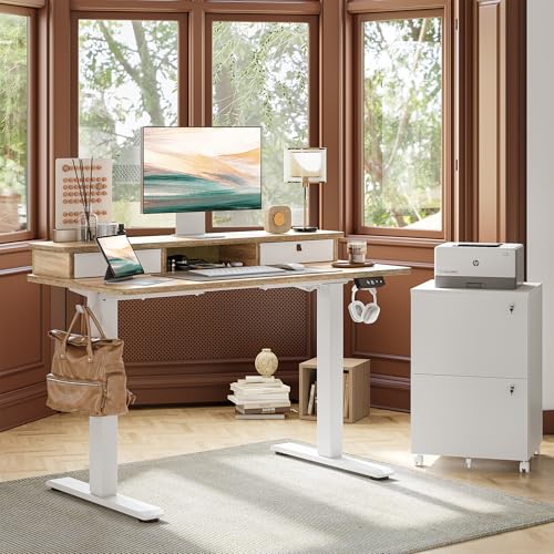 TIQLAB Standing Desk with Two Drawers, Stand Up Standing Desk Adjustable Height, Electric Sit Stand Table with Storage Shelf and Splice Board, 48 * 24 inch, Maple - color: Maple, size: 47*24 inch without keyboard tray