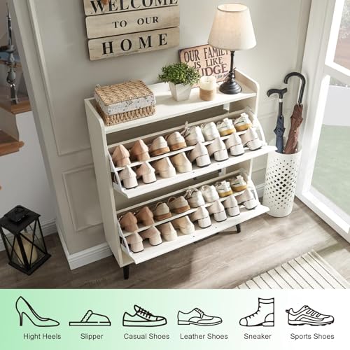 Barnyatoh Shoe Storage Cabinet with 2 Flip Drawers, Farmhouse Hidden Shoe Organizer, Narrow Slim Shoe Rack Cabinet for Entryway Hallway,Antique White - color: Antique White