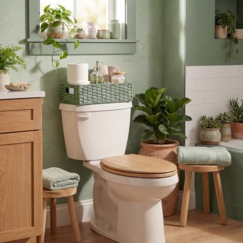 StorageWorks Small Wicker Toilet Basket Tank Topper with Built-in Handles, Toilet Paper Baskets for Back of Tank, Paper Rope Bathroom Basket Organizer and Storage for Sage Green Bathroom Decor, Green - color: Green