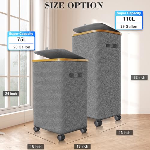 Laundry Hamper with Wheels,20 Gal (75L) Laundry Basket with lid Rolling Clothes Hamper Foldable Dirty Clothes Basket on wheels with Bamboo Frame and Bag for Bedroom, Dorm, Laundry Room-Grey - color: Grey, size: 75 L