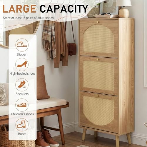 Karl home Shoe Rack Storage Organizer, Rattan-Panel 3-Tilt-Out Shoe Storage Cabinet, Hidden Shoe Storage for Entryway,Ideal for Heels,Slippers,Casual Shoes,Natural Wood Finish - color: Natural Wood Finish, size: 3-Tilt-Out