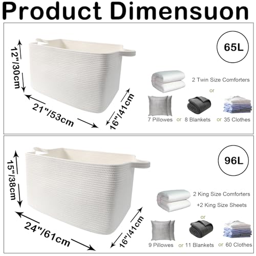 Large Blanket Basket,Woven Rope Basket Storage Bin with Handles,65L Rectangle Laundry Basket for Magazines,Toys,Clothes,Newspaper Shelf Organization,Nursery and Living Room,White - color: White, size: 21"x16"x12"(65L)