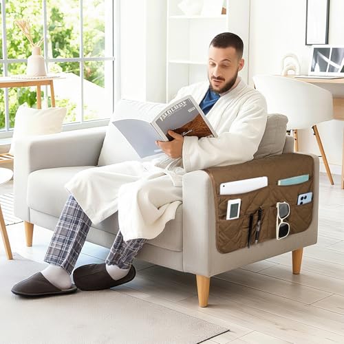 Remote Control Holder for Recliner,Non Slip Armchair Caddy,Sofa Armrest Storage Organizer for Recliner Couch With 6 Pockets for TV Remote,Cell Phone,Magazine - color: Brown