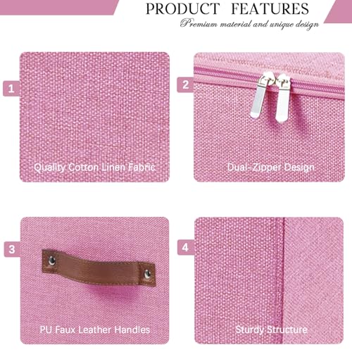 3 Pack Storage Bins with Zipper Lid Fabric Lidded Storage Boxes Baskets Cubes Washable Collapsible PU Leather Handle Cotton Linen Shelves Closet Organizer Container(Pink, Small Size) - color: Pink, size: Small ( Set of 3)
