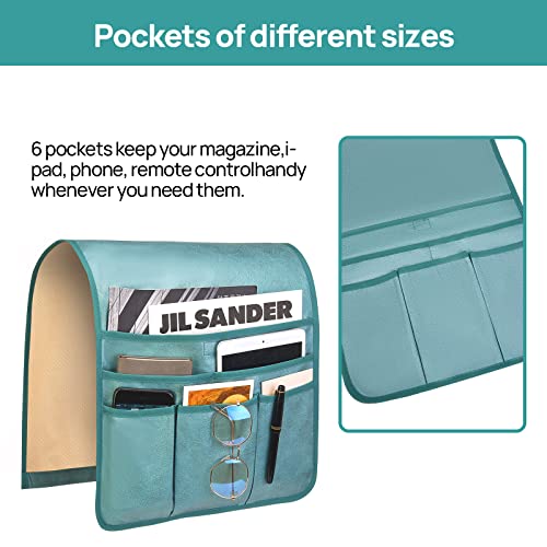 Teniux Remote Control Holder Faux Leather Armrest Organizer with 6 Pockets for recliner couch sofa, Armchair Caddy for Smart Phone, Book, Magazines, Ipad, Remotes (Teal) - color: Teal
